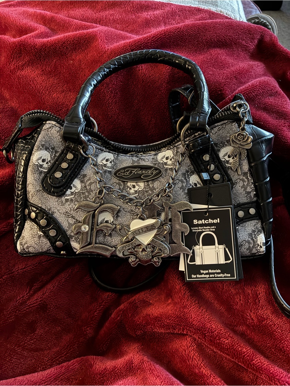 Ed Hardy Black & White Skull Charm Satchel
